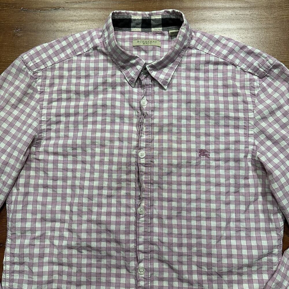 Burberry Button Up Shirt Mens S Purple Check Graph Plaid Long Sleeve Luxury - Picture 4 of 11